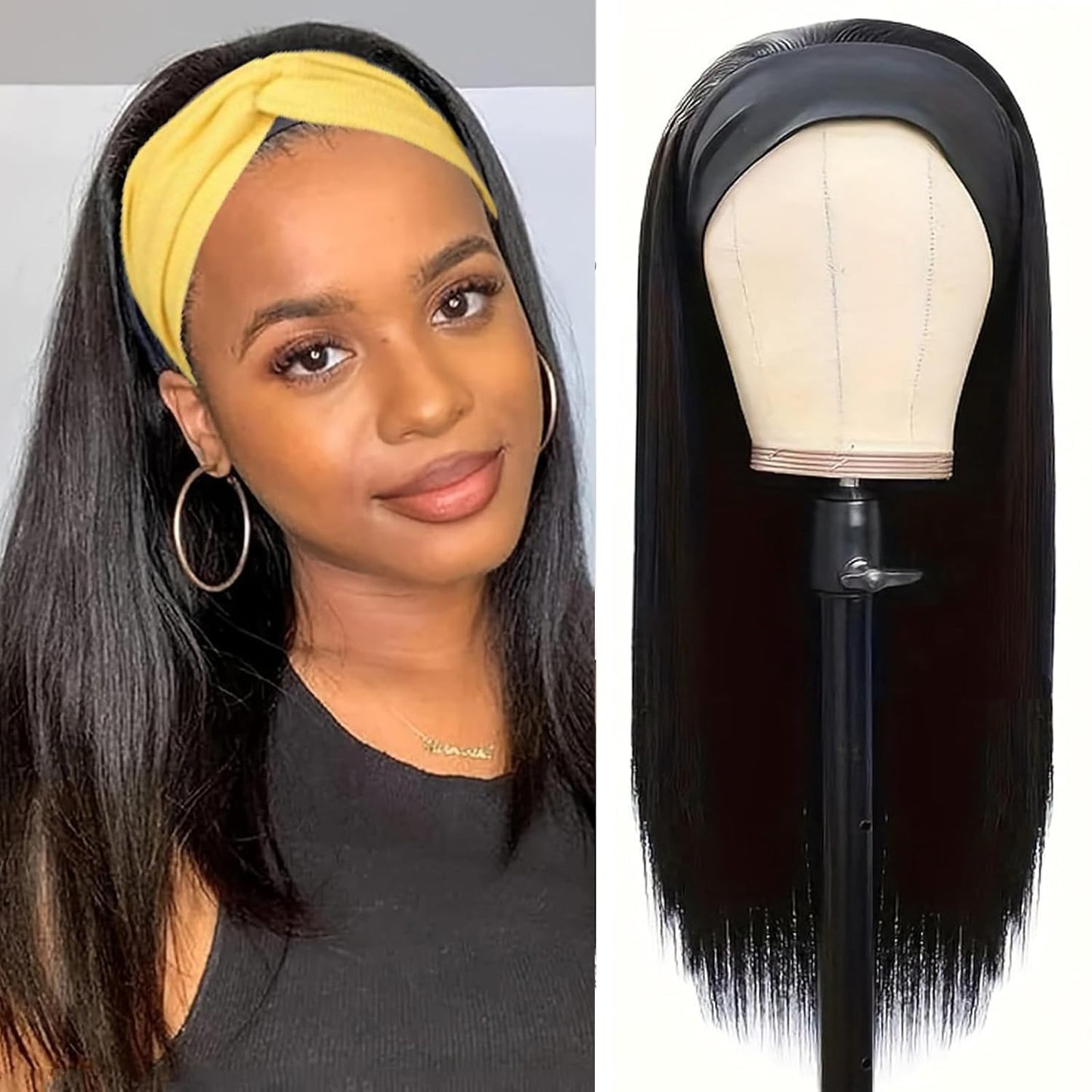 Headband Wig Human Hair Straight for Black Women 16 Inch