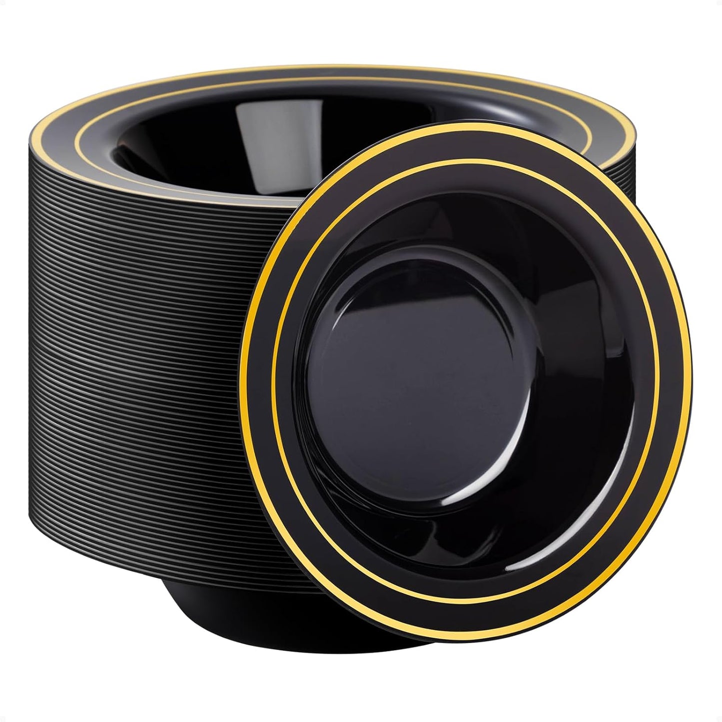Elegant 12oz Disposable Black Plastic Bowls with Gold Rim