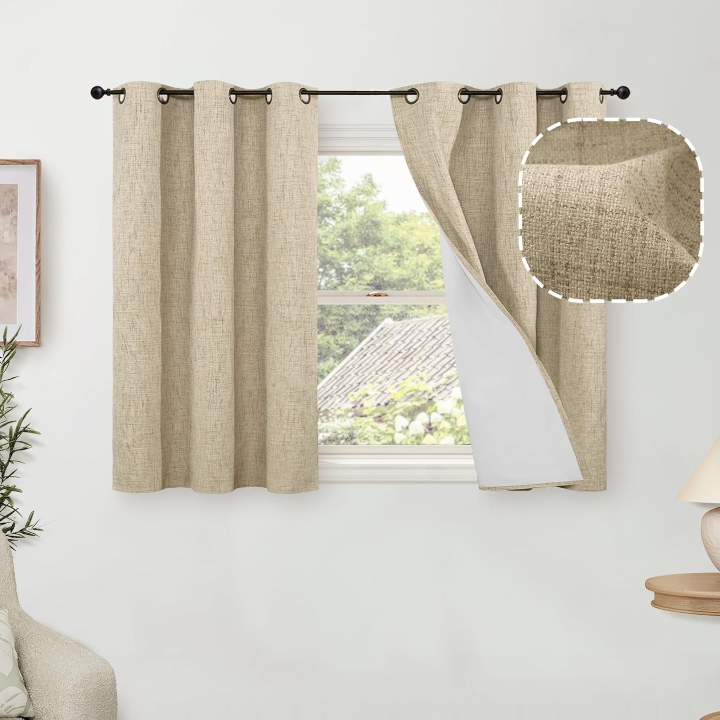 40 Inch Linen Blackout Curtains for Short Cafe Windows