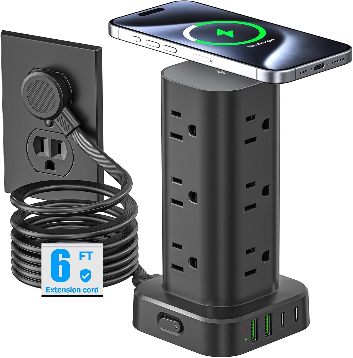 Tower Power Strip with Wireless Charger and Multiple Outlets