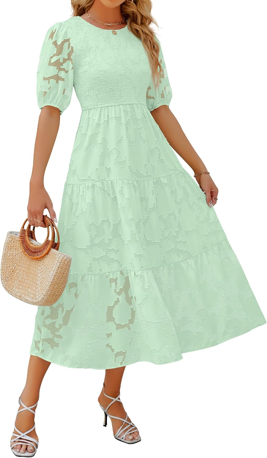 ZESICA Women's Summer Short Puff Sleeve Smocked Maxi Dress