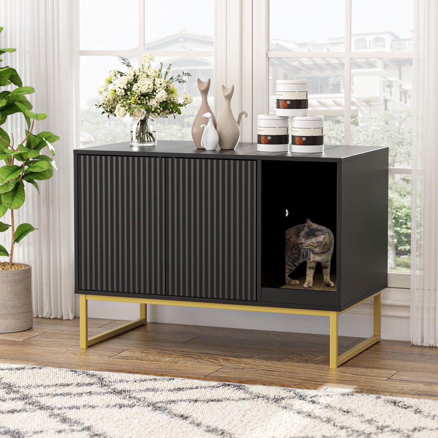 Cat Litter Box Enclosure with Elegant Flute Design for Cats
