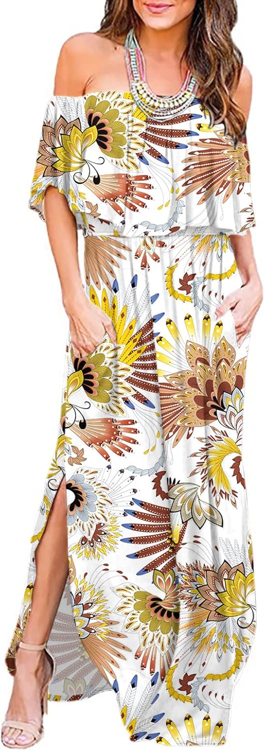 LILBETTER Womens Off The Shoulder Ruffle Maxi Dress for Parties