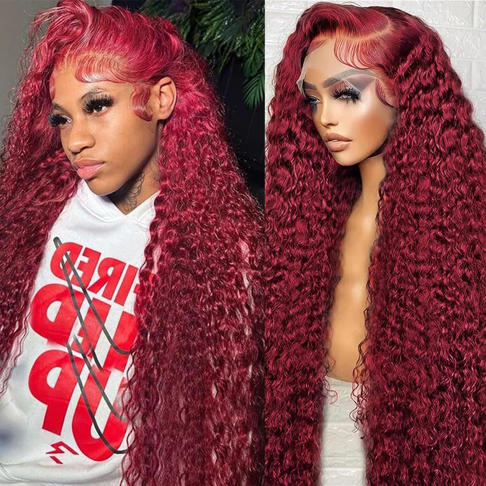 Burgundy Wig Human Hair 99j Deep Wave Lace Front for Women