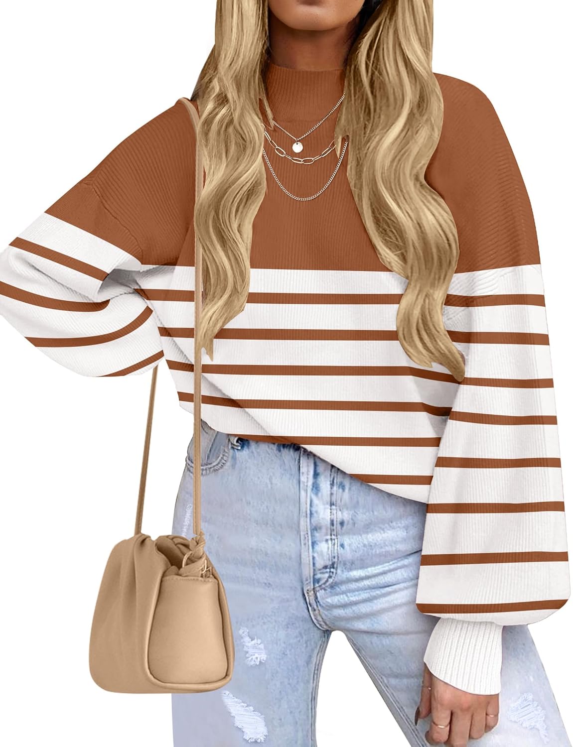 ZESICA Women's Turtleneck Long Sleeve Striped Sweater Tops