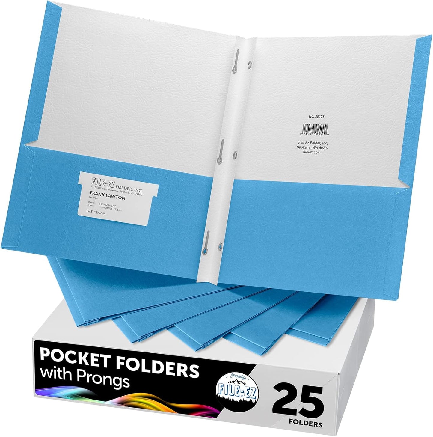 FILE-EZ Two-Pocket Folders with 3-Prong Fasteners, Light Blue