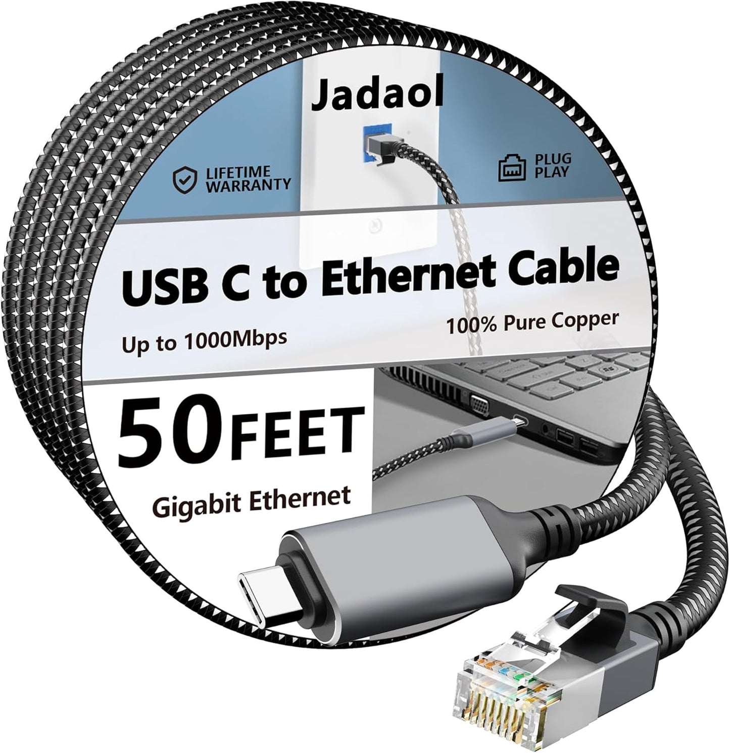 Thunderbolt 3/4 Compatible 50 FT USB C Ethernet Cable | Plug & Play 1Gbps LAN