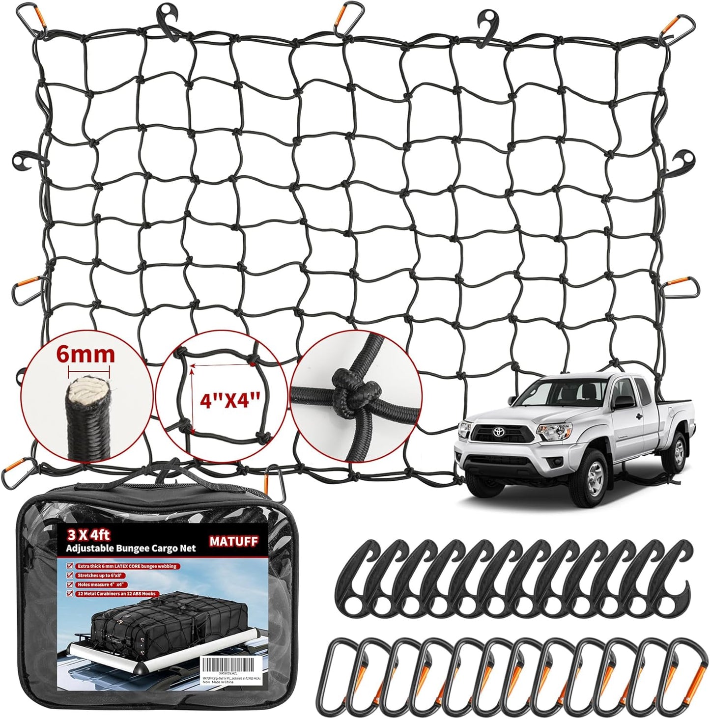MATUFF Heavy Duty Cargo Net for Pickup Truck & SUV - Extra Thick 6mm Latex Core, Universal Size, 12 Metal Carabiners
