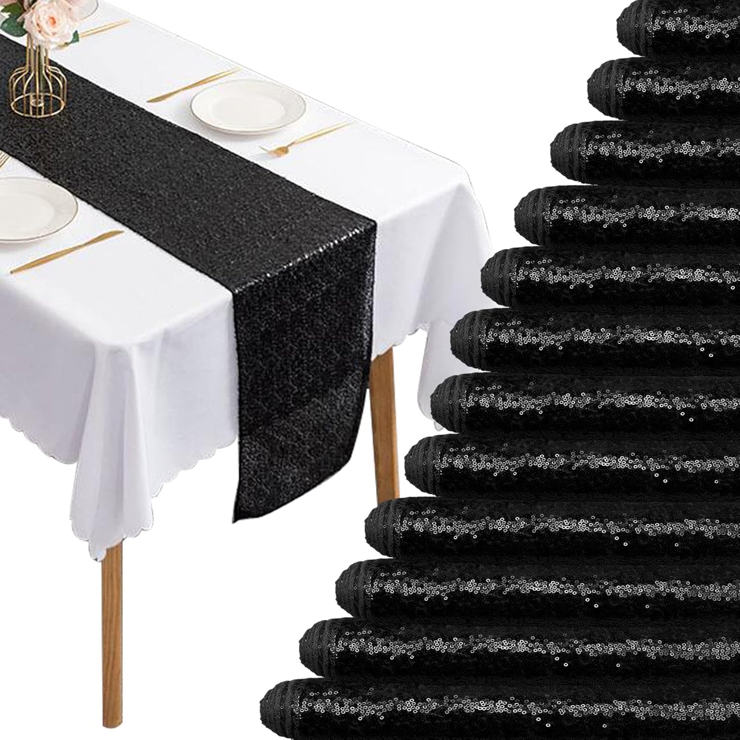 12 Packs Black Sequin Table Runner for Elegant Party Decor