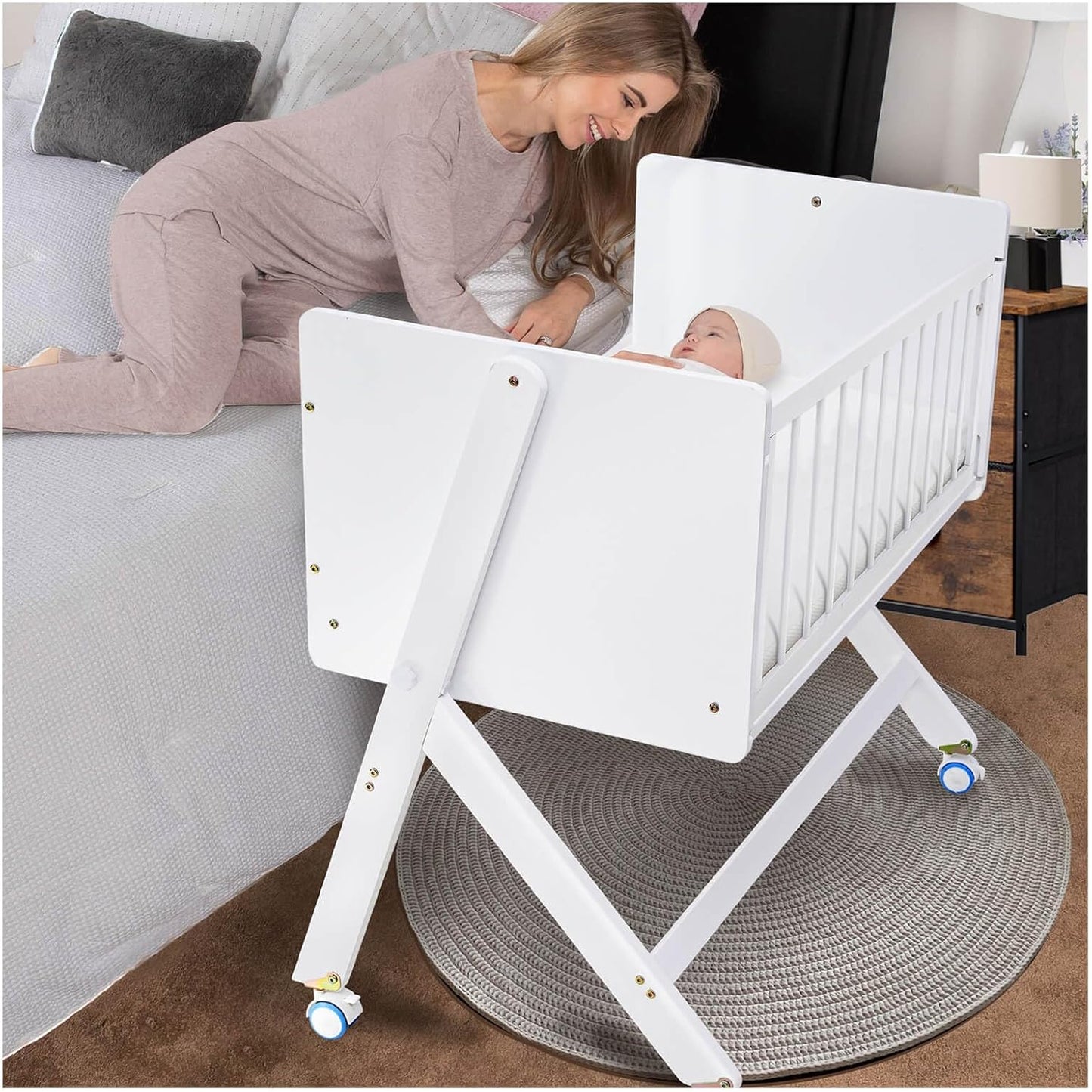 Wood Bedside Bassinet with Rocking Feature for Newborns
