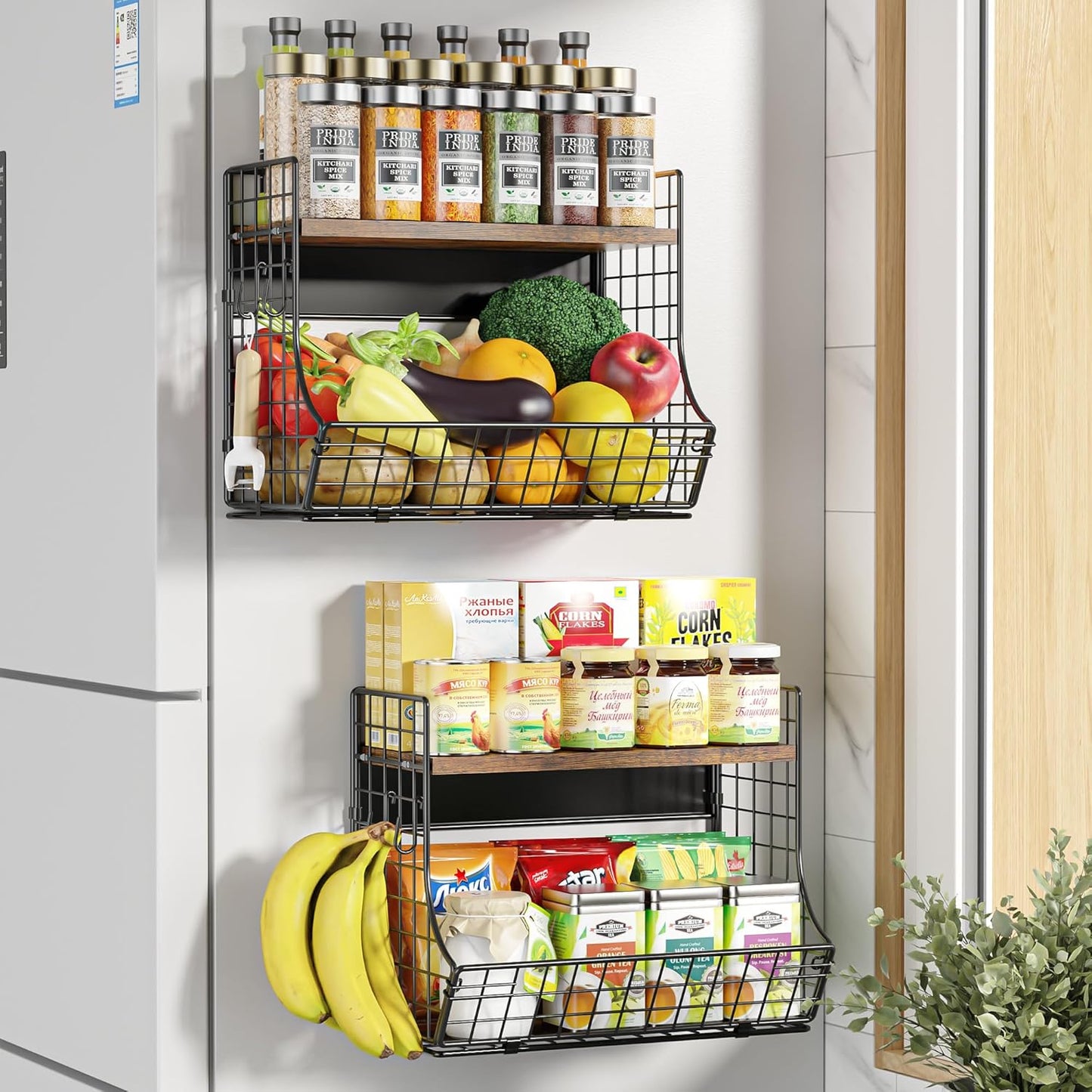 Magnetic Shelf for Fridge with Wood Lid - 2 Pack Storage Bins