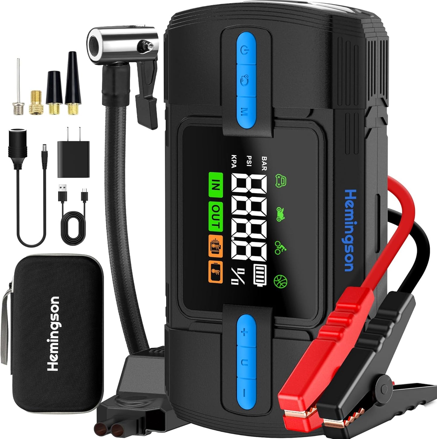 HEMINGSON Car Jump Starter: 4000A Power, 160PSI Air Compressor, 5 LCD, 4 Modes Flashlight