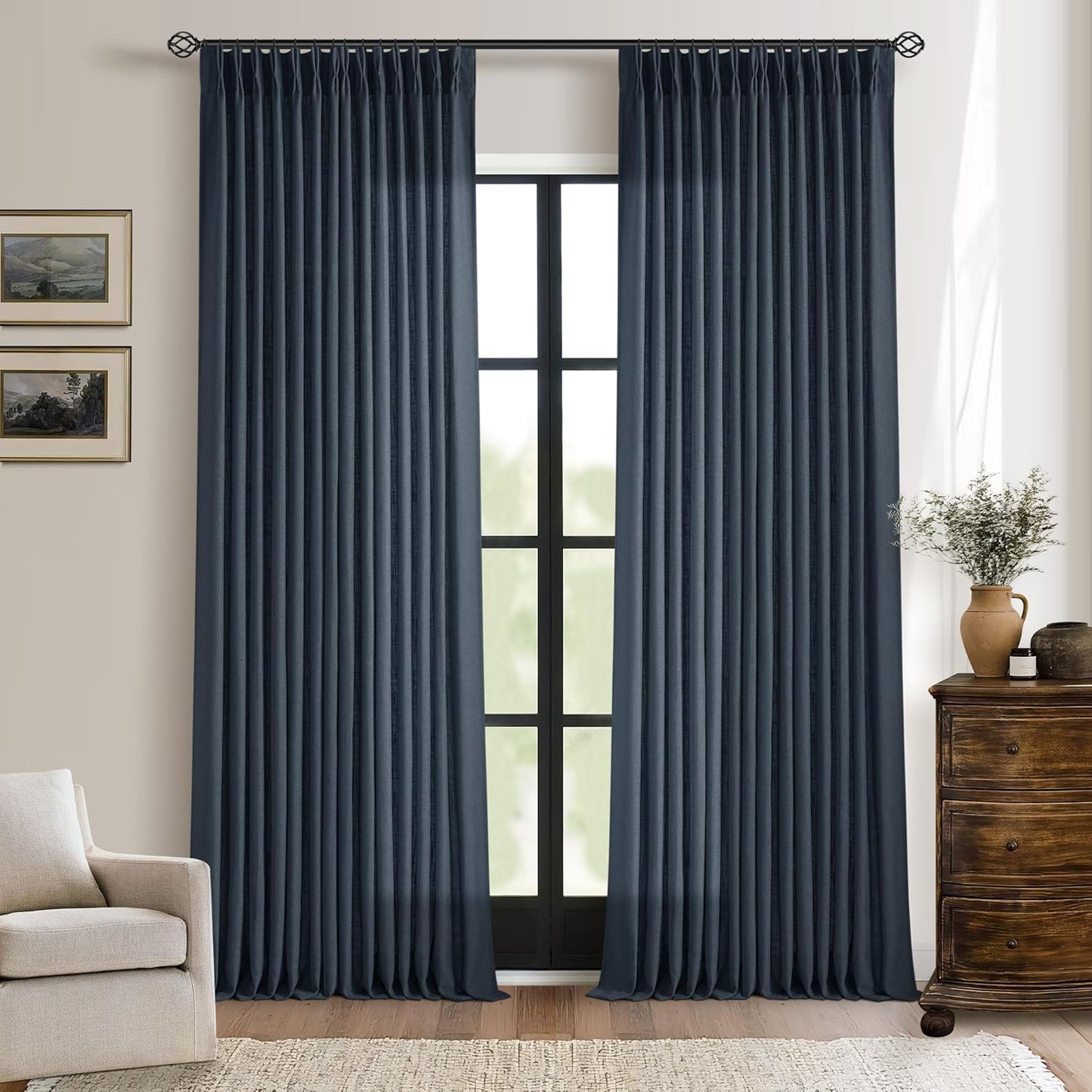 Extra Long Navy Linen Curtains for Tall Ceilings 120 in Panels
