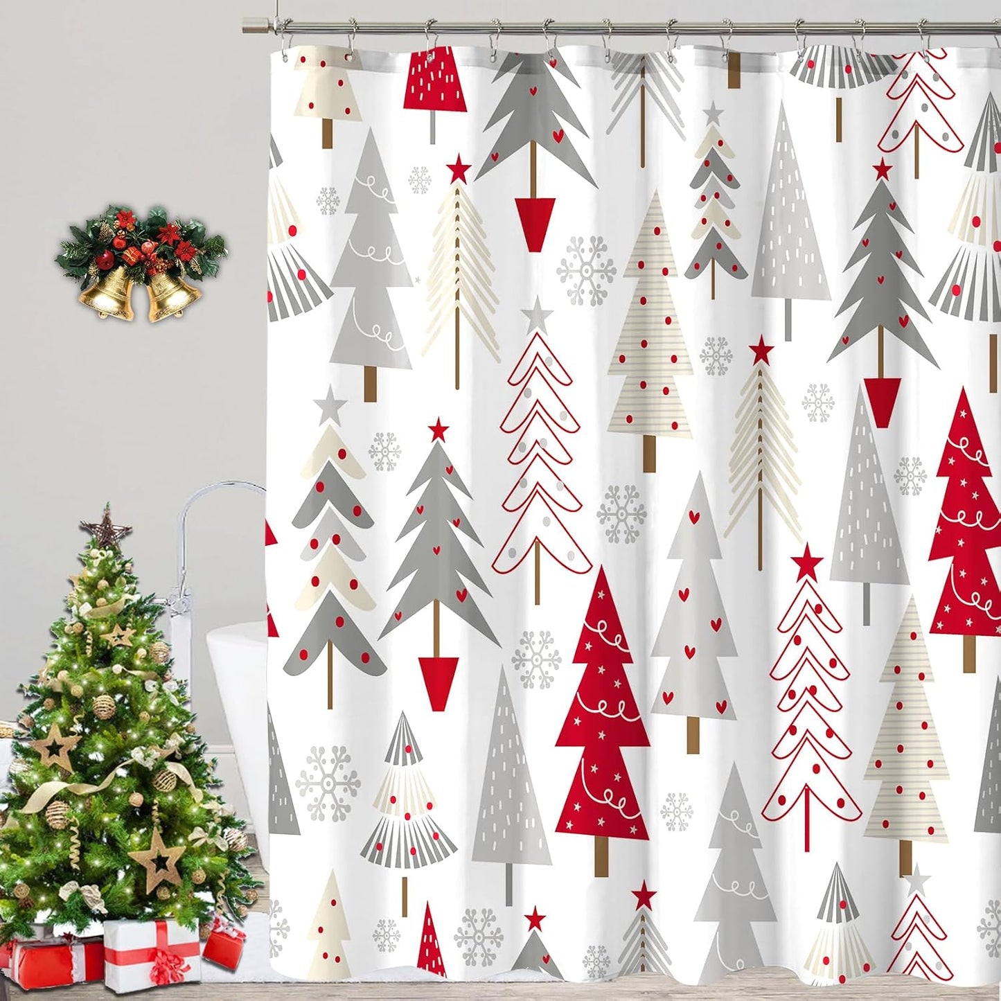 COSEVIER Red Grey Christmas Tree Shower Curtain - Festive Holiday Vibes!