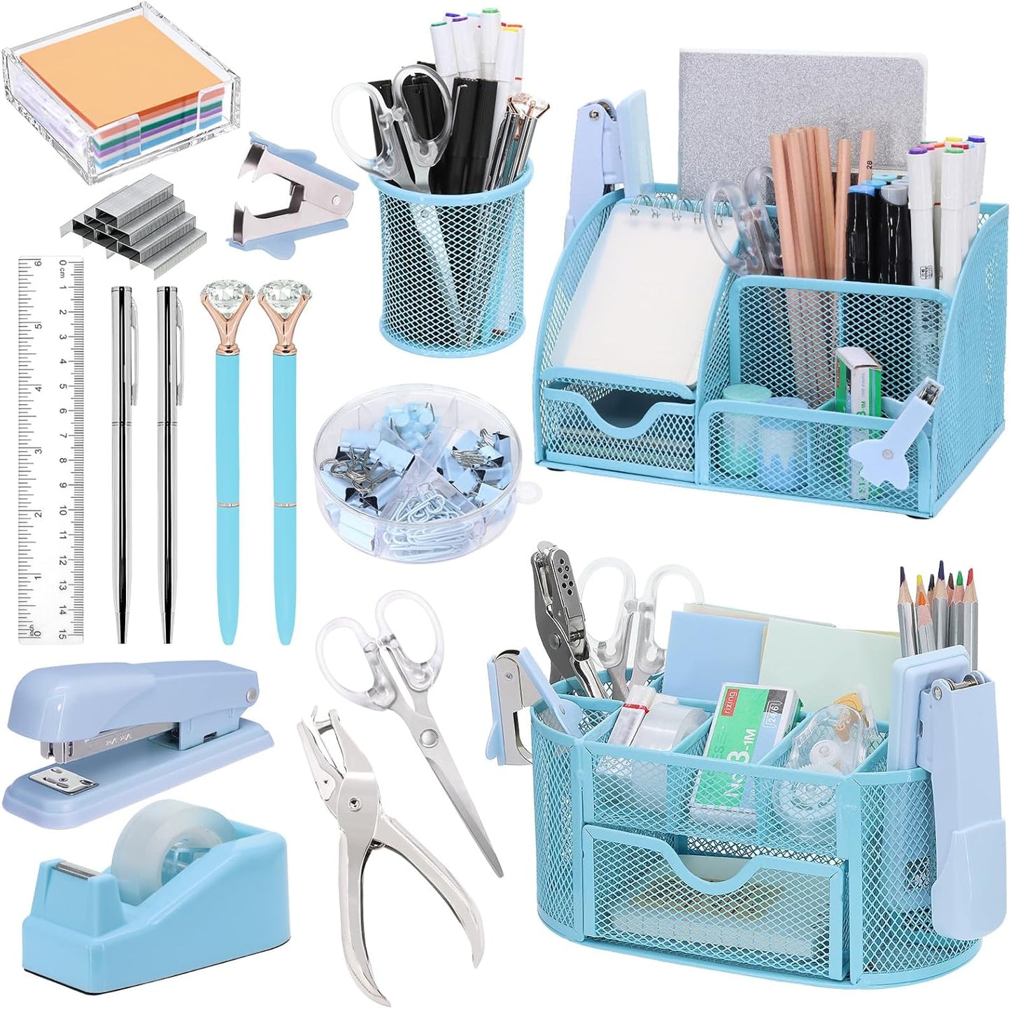 17 in 1 Blue Desk Organizers Set for Office Supplies Storage