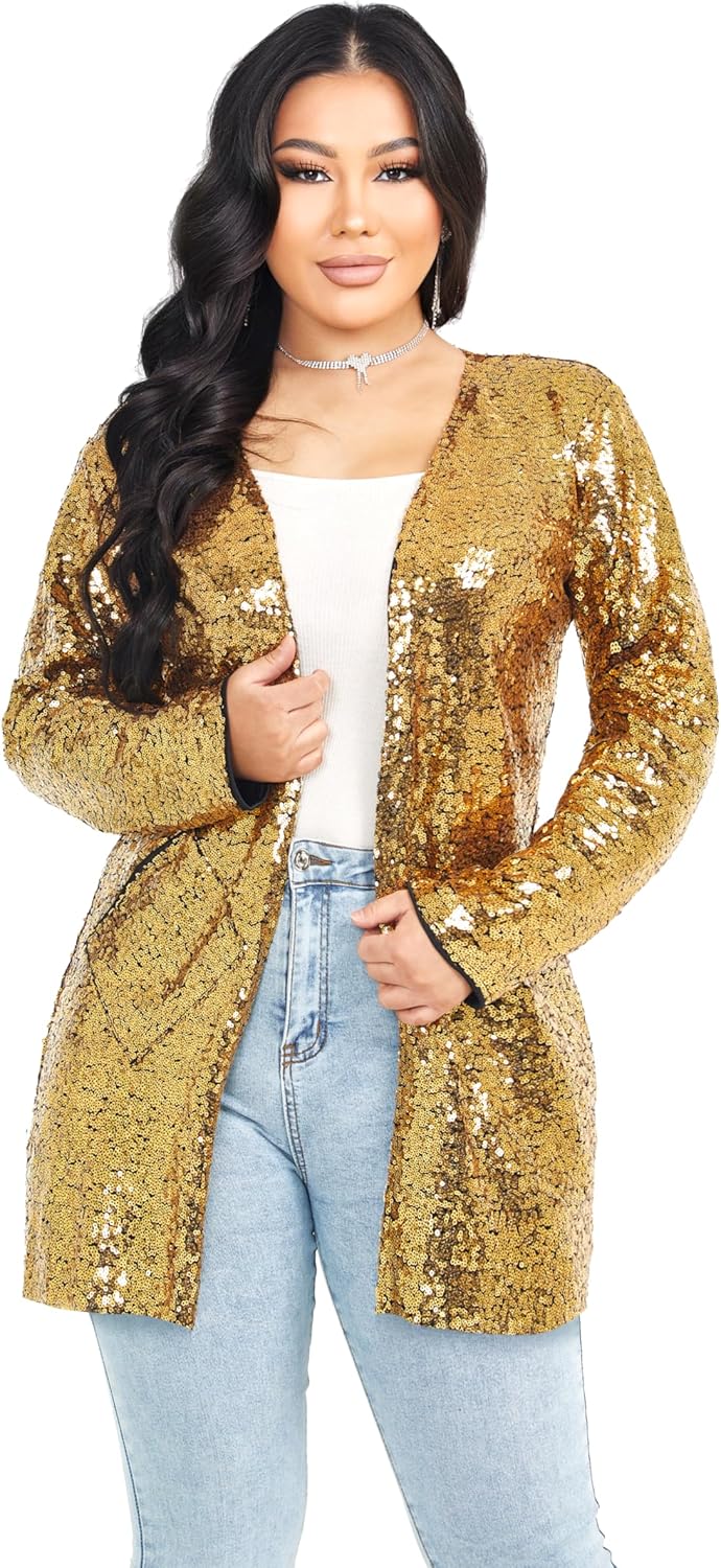 Women's Sequin Jacket Long Sleeve Blazer for Parties and Events