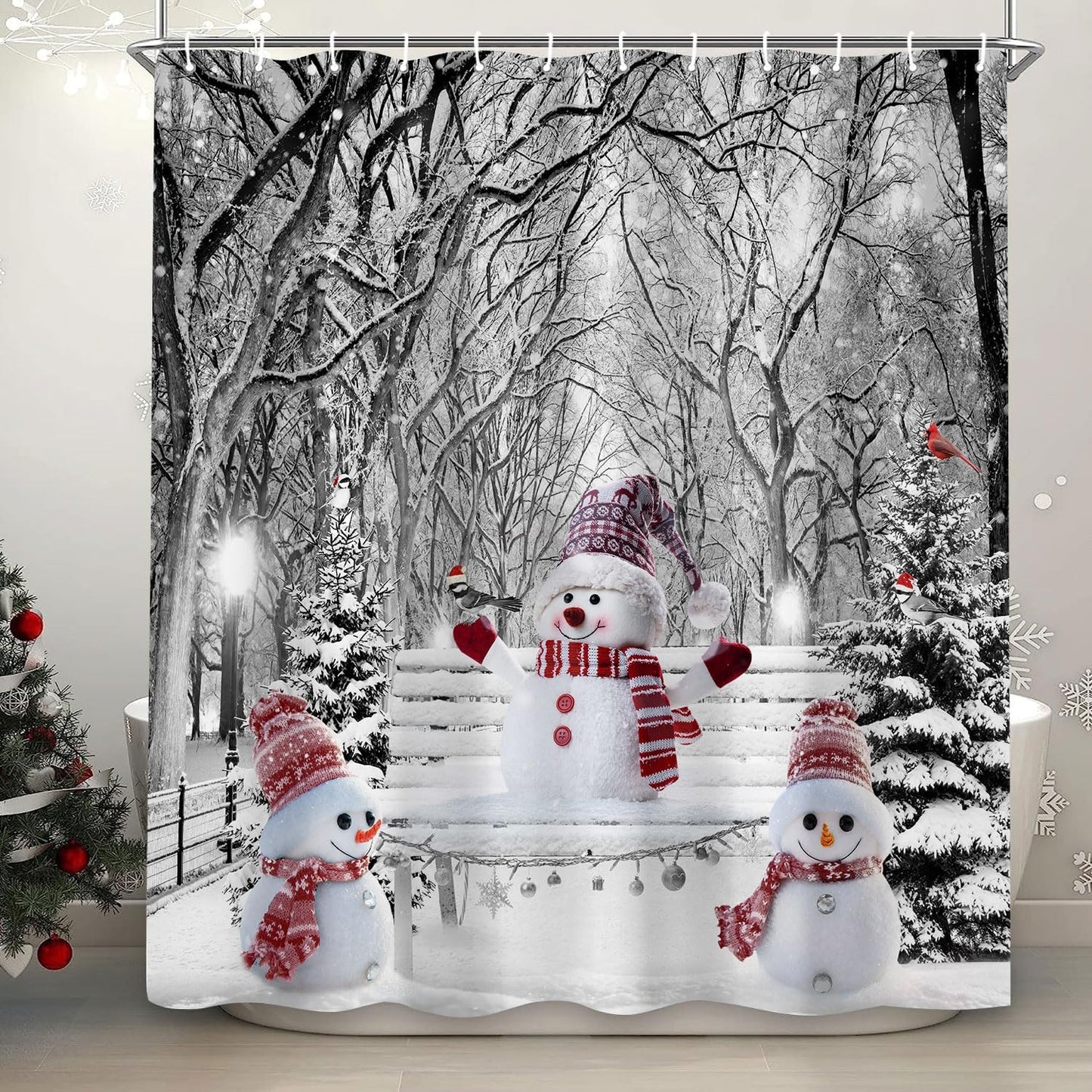 Farmhouse Holiday Shower Curtain Set - Winter Forest Scene Bath Decor - 72x72