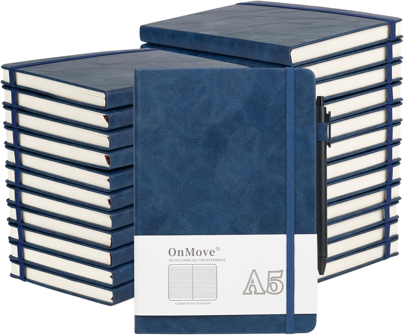 OnMove Premium Leather Journal Bulk Pack - 160 Pages, 100 GSM - Navy Blue