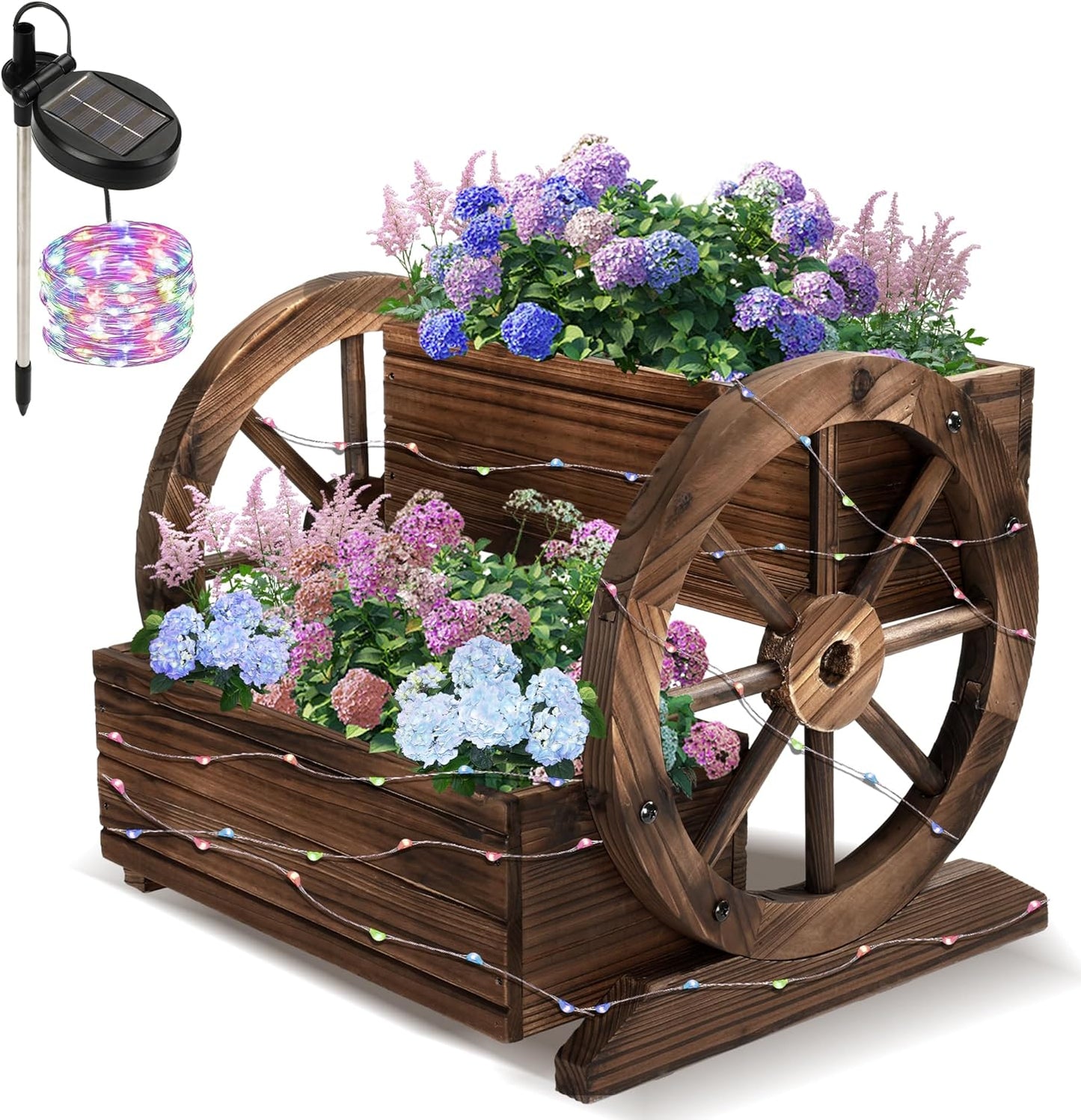 Wooden Wagon Planter Box with Solar Light for Garden Decor