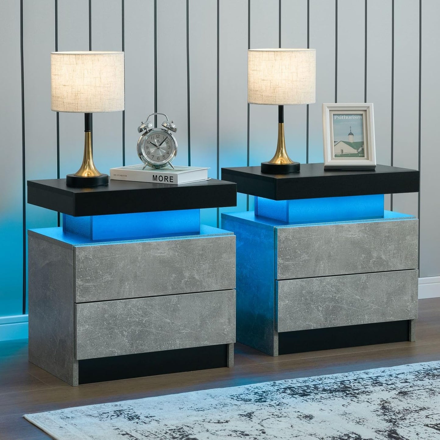 Grey Nightstand Set of 2 with LED Light and Ample Storage