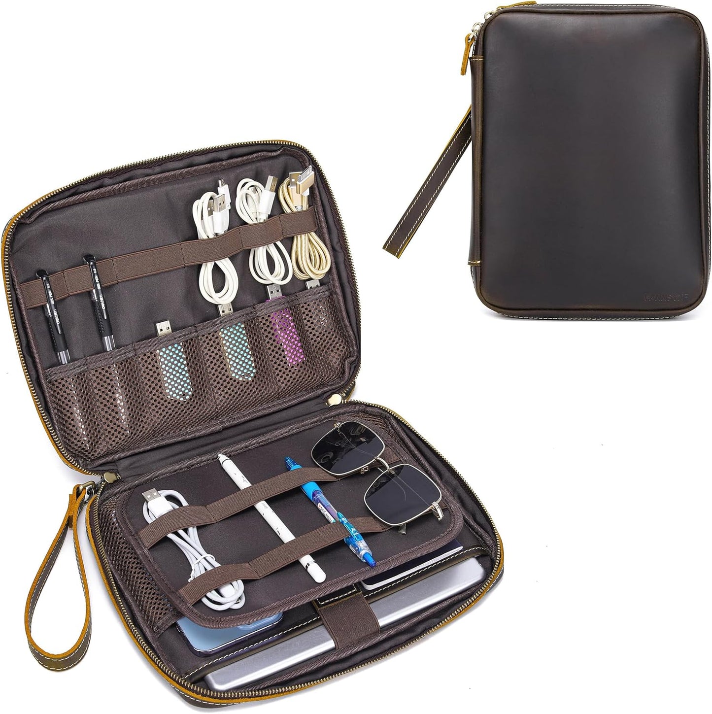 LANNSYNE Full Grain Leather Electronic Organizer for Travel