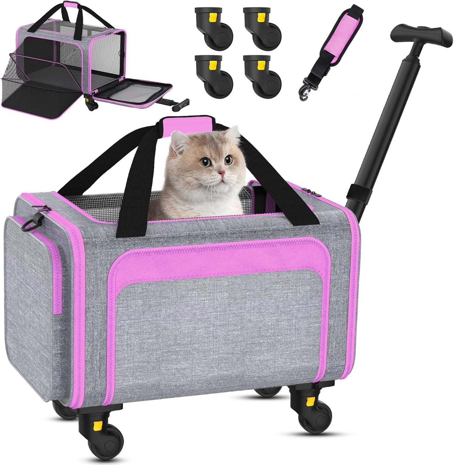 3-in-1 Pet Carrier with Wheels for Small Cats Up to 15Lbs