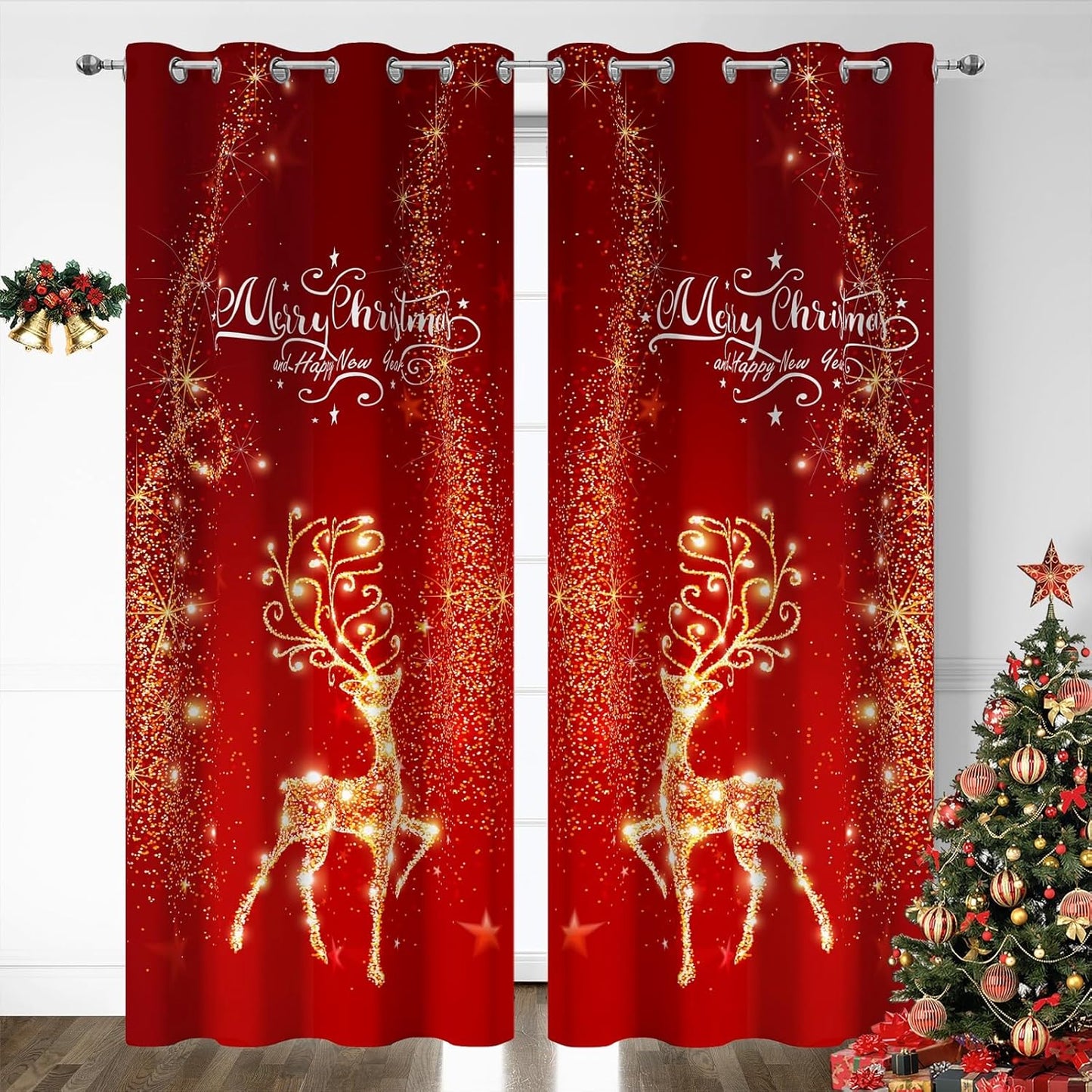 YOSTEV Red Christmas Curtain Set for Living Room 63 Inch Long