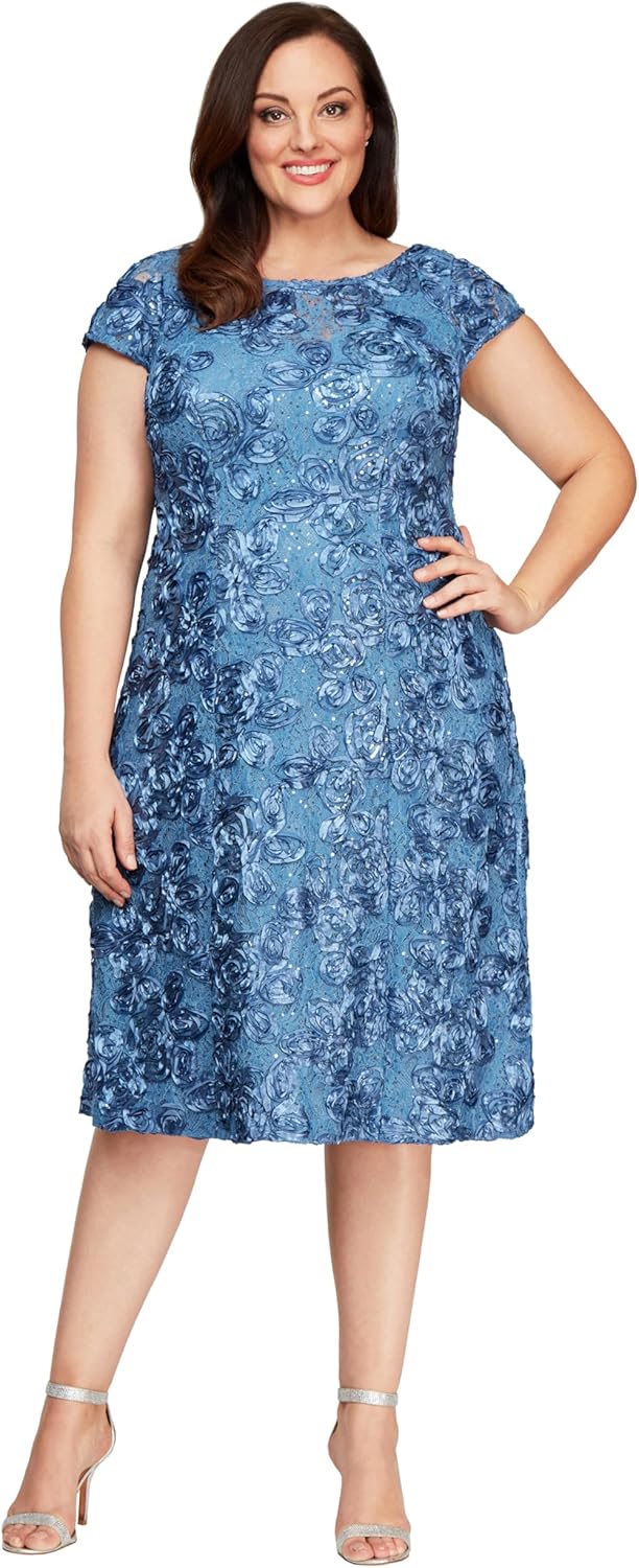 Alex Evenings Plus Size Tea Length Dress with Rosette Detail
