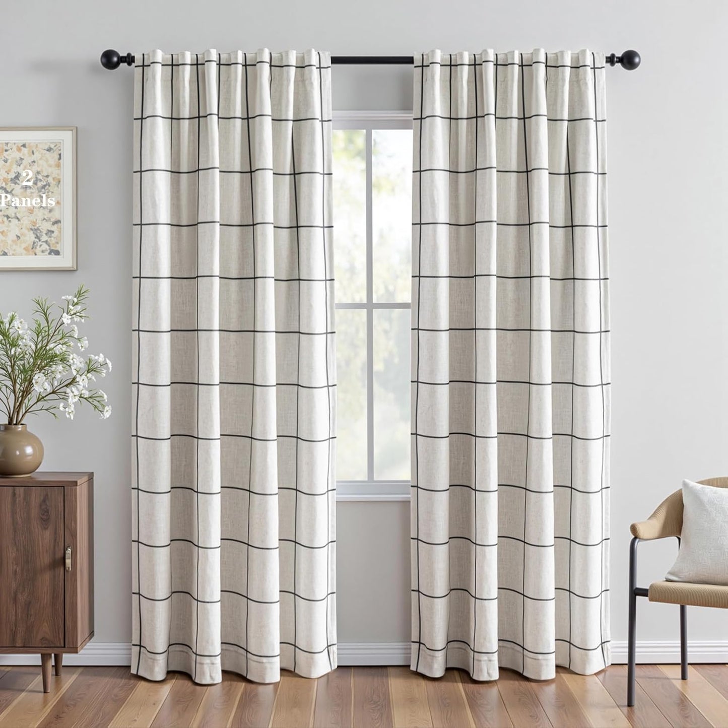100% Blackout Plaid Linen Curtains for Living Room 84 Inch Long