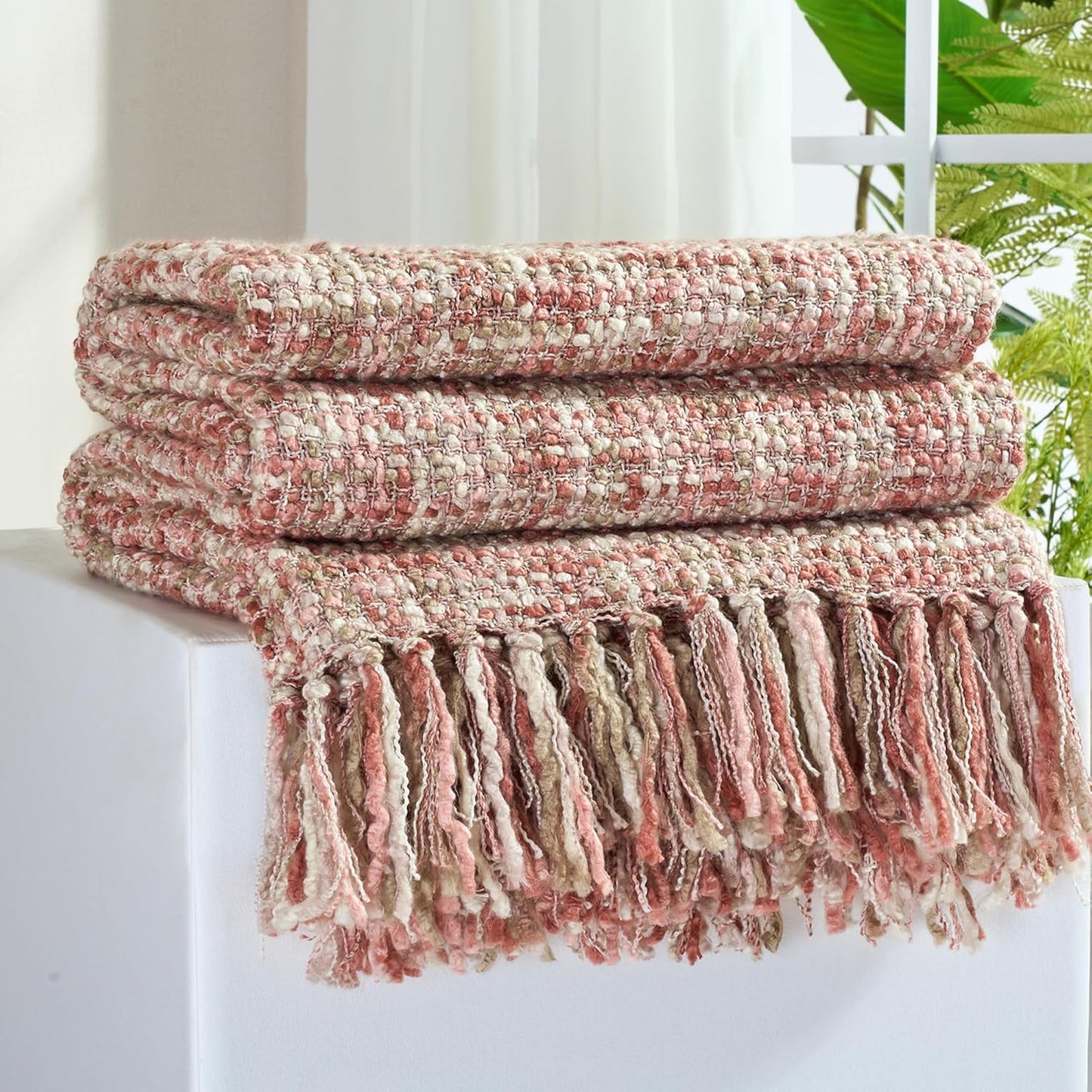 Multi-Color Light Pink Cable Knitted Throw Blanket for Cozy Decor