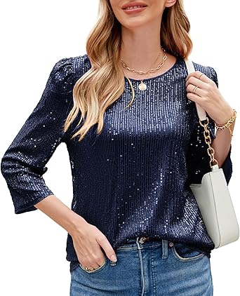 JASAMBAC 3/4 Sleeve Sequin Tops for Women Party Shimmer Blouse