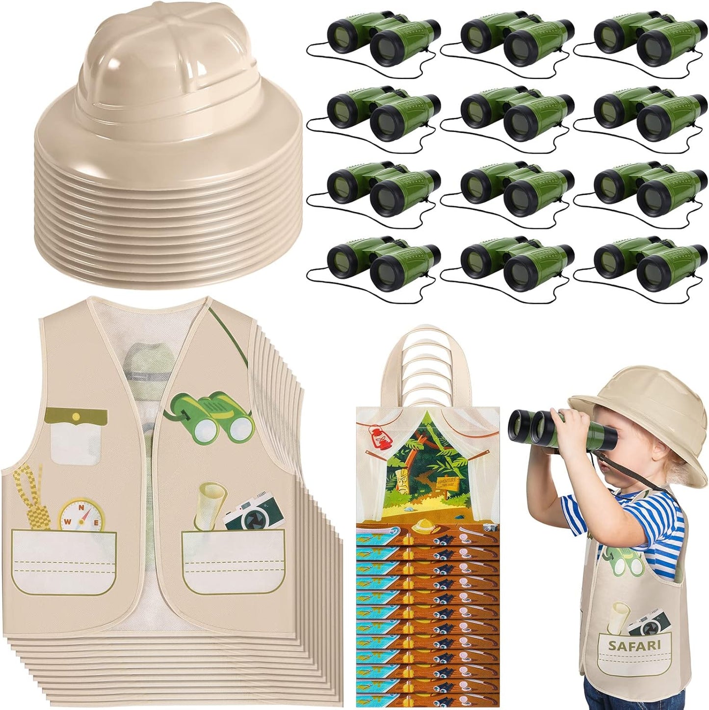 Kids Explorer Costume Set with Hats, Vests, and Binoculars