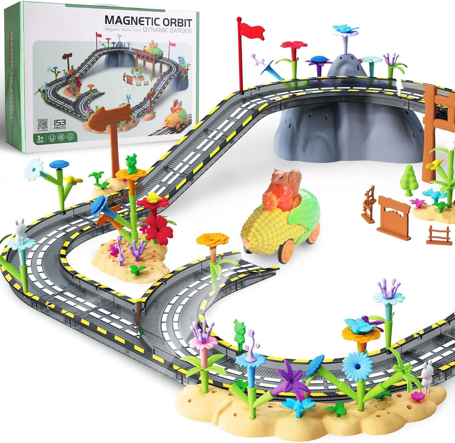 153PCS Magnetic Tiles Road Set with Toy Car for Creative Play