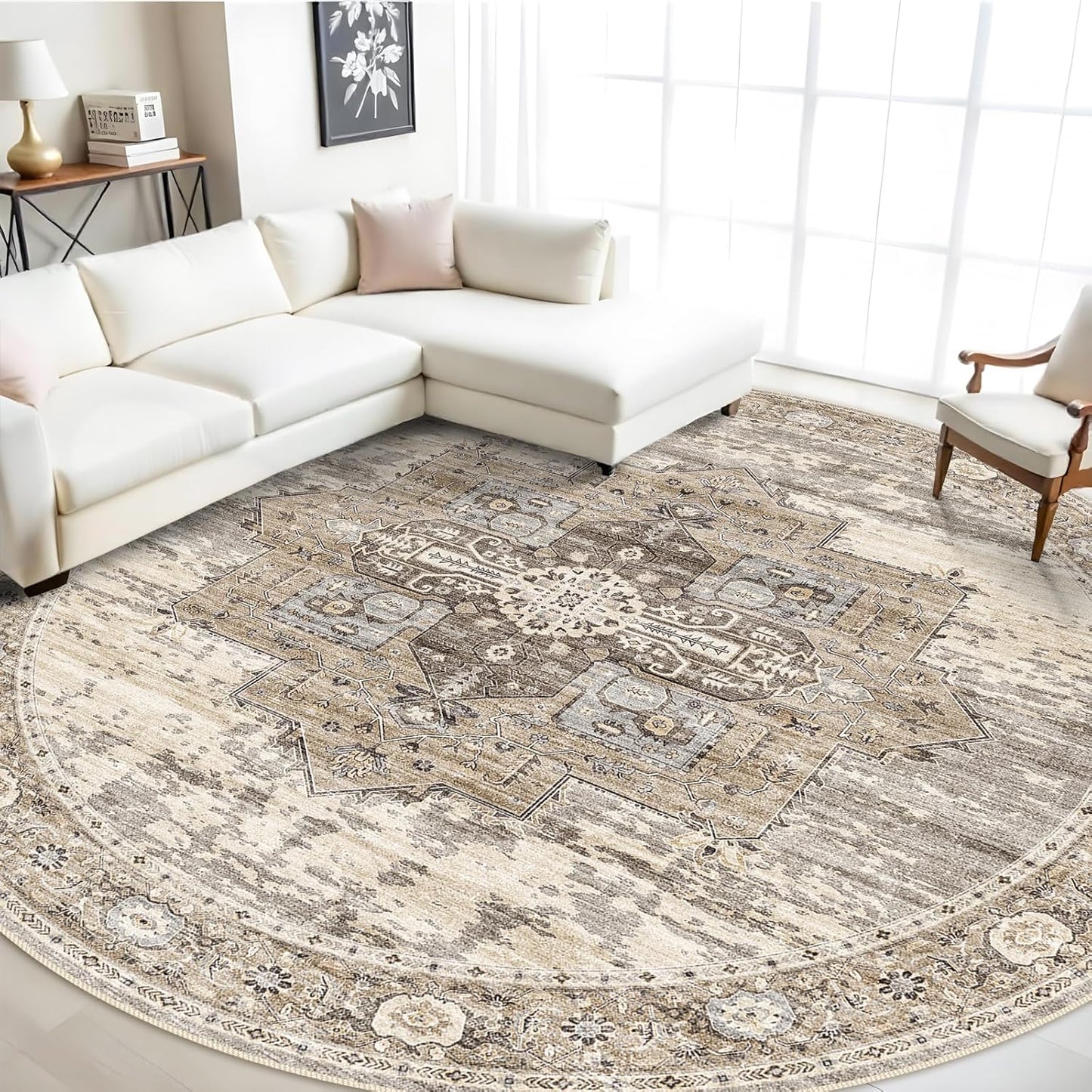 9ft Round Area Rug - Large Boho Rugs for Living Room Decor