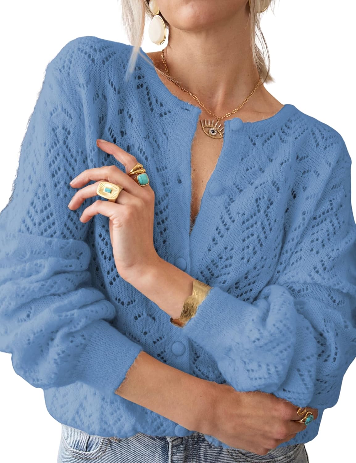 Womens Lightweight Crochet Cardigan Long Sleeve Openwork Knit Sweater
