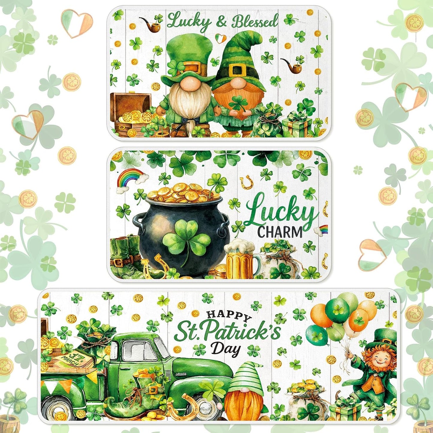 St Patricks Day Kitchen Rugs Set of 3 with Lucky Green Design