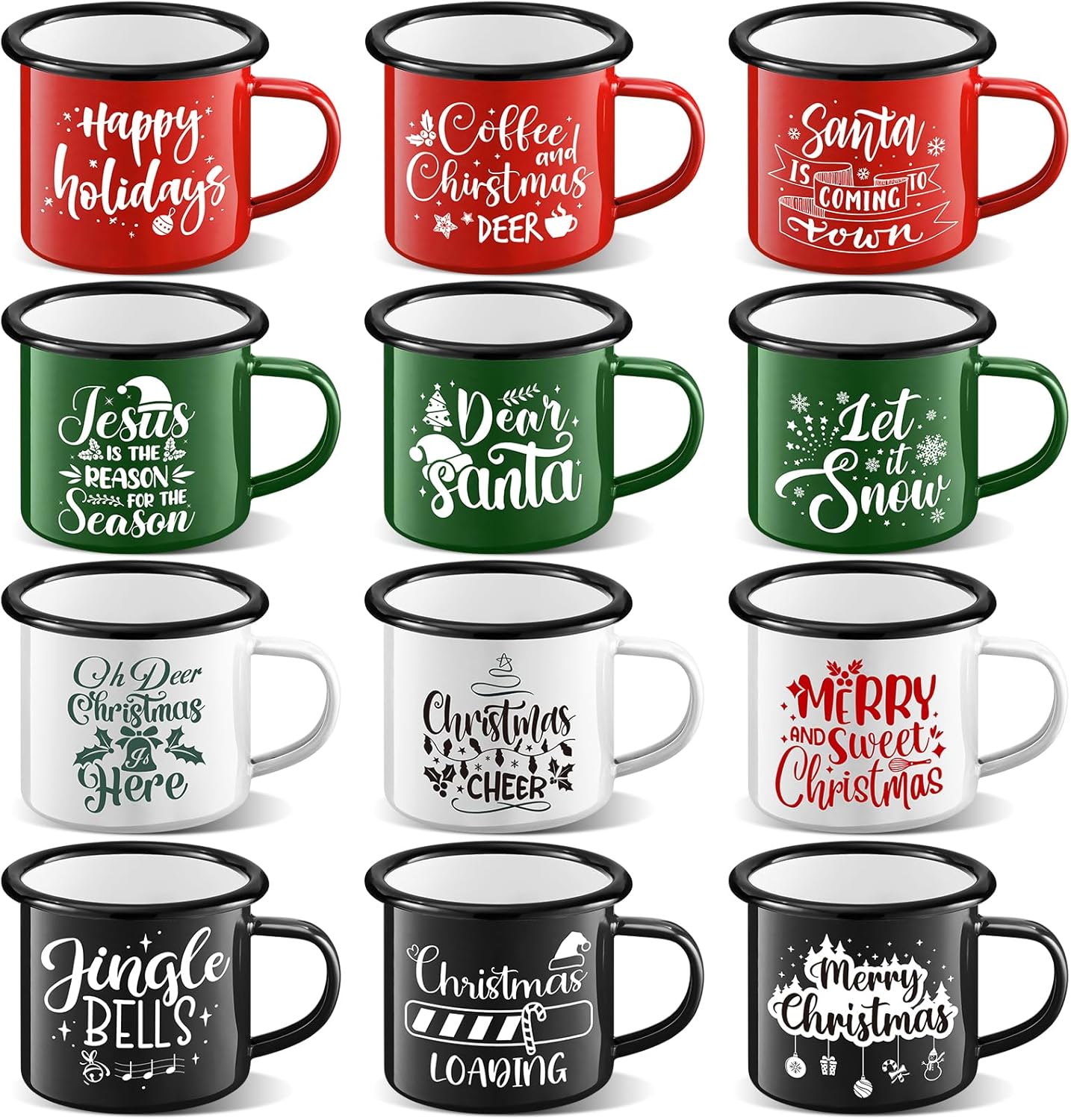 Christmas Enamel Mug Set of 12 for Holiday Hot Cocoa Fun