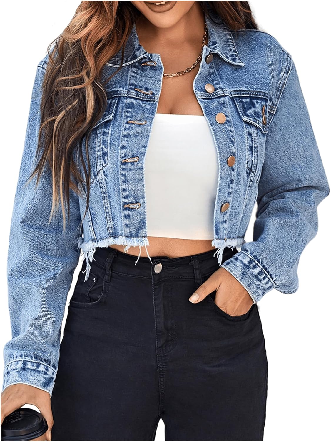 Cropped Denim Jean Jacket for Women with Raw Hem and Pockets