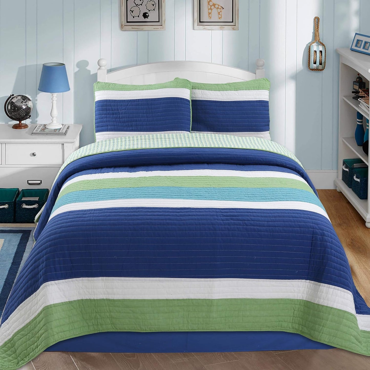 Waylon Navy Blue Green White Striped Cotton Reversible Quilt Set