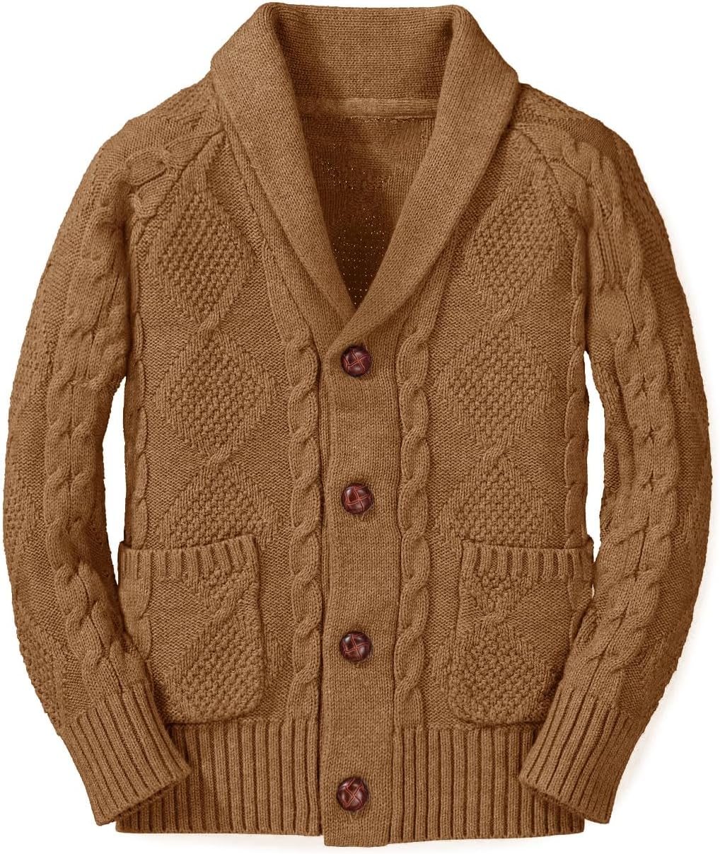 Boy's Sweater Cardigan with Shawl Collar and Cable Knit Design
