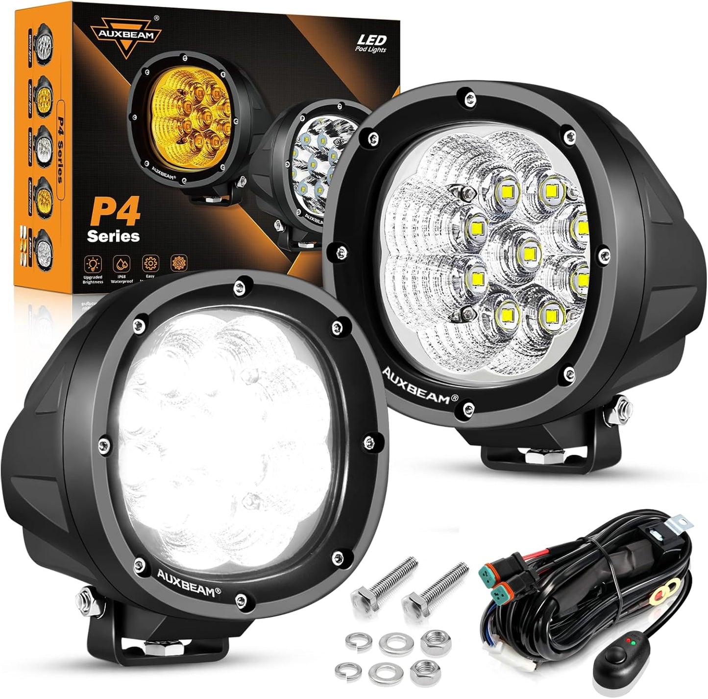 Auxbeam 4 Inch Round LED Light Pods for Offroad Use and More