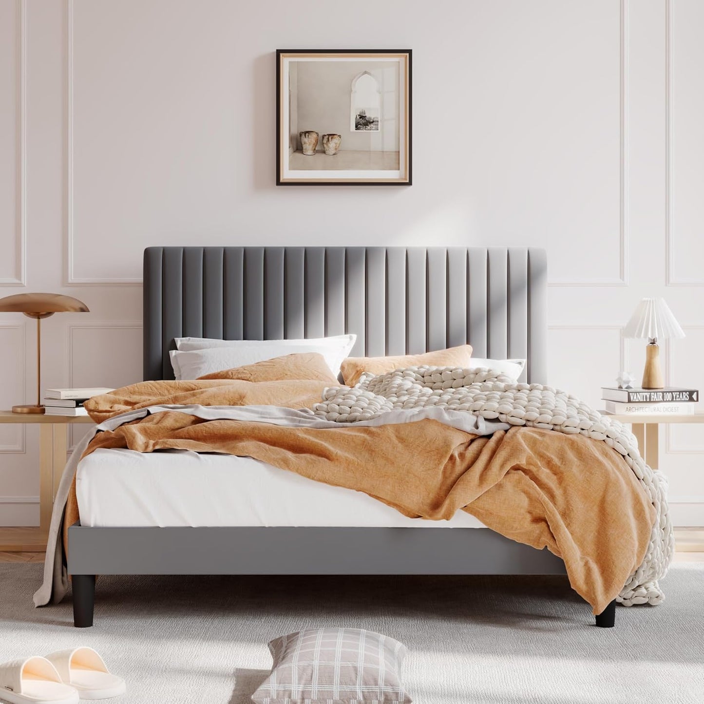 SHA CERLIN Queen Upholstered Platform Bed Frame with Velvet