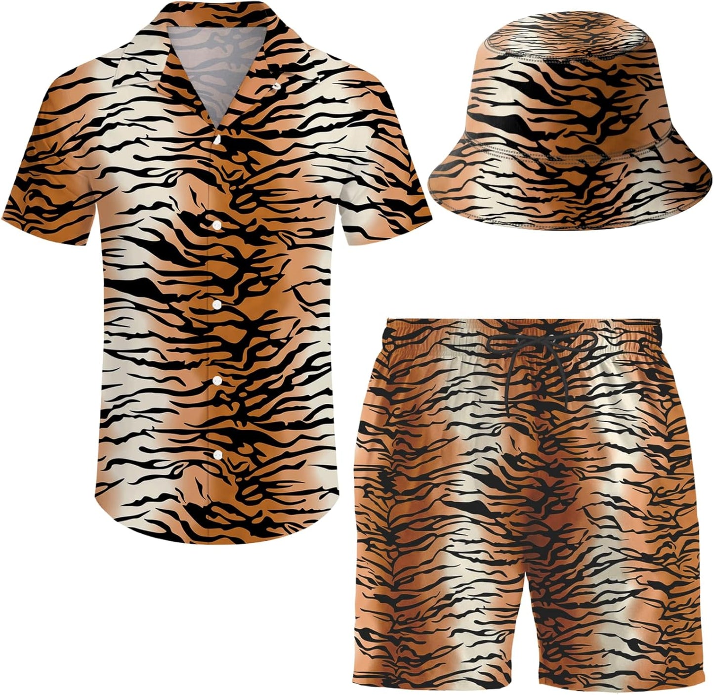 Men's Hawaiian Shirt and Shorts Set with Bucket Hat for Summer