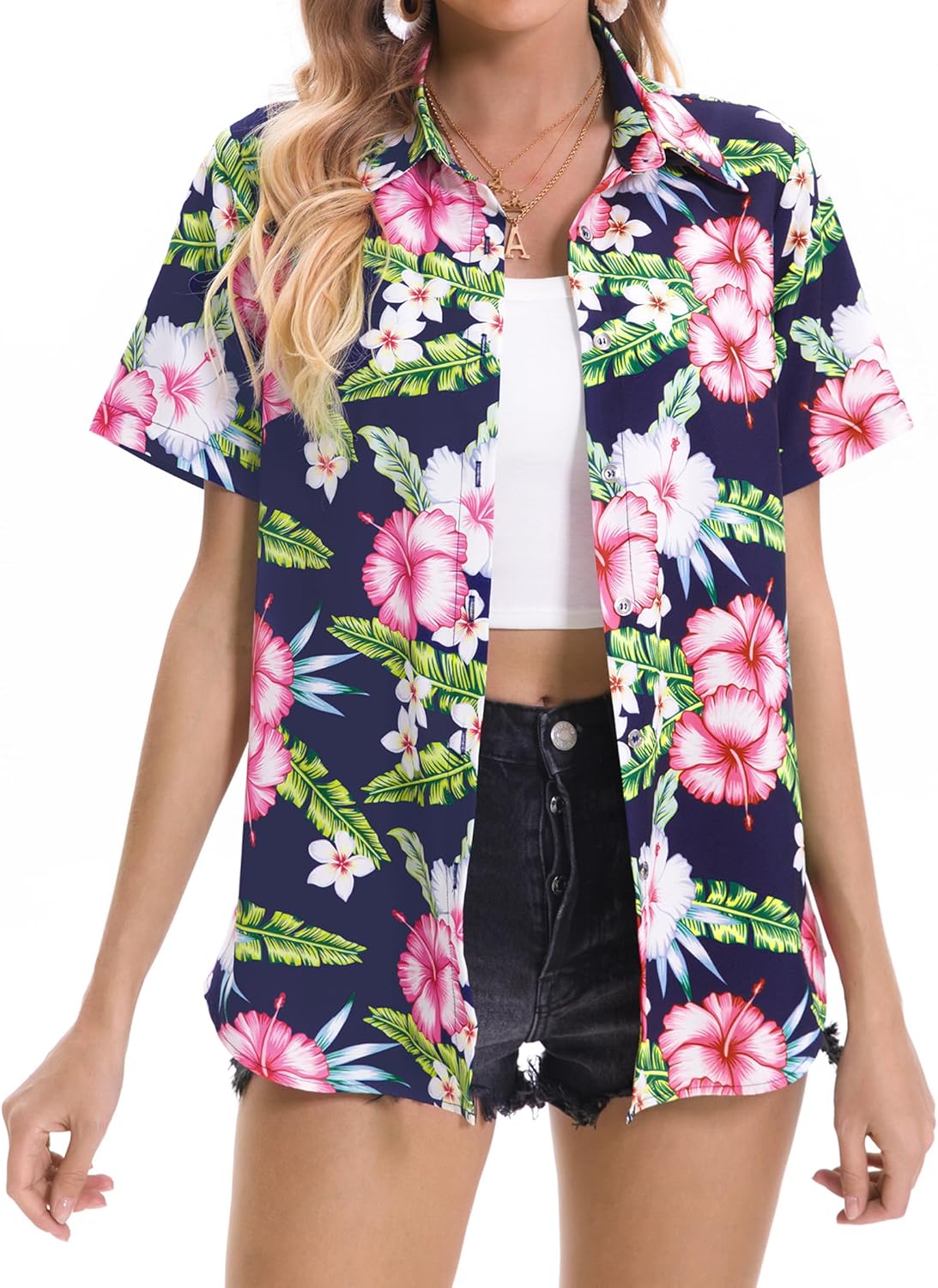 Womens Hawaiian Shirt Soft Cool Summer Floral V Neck T-Shirt