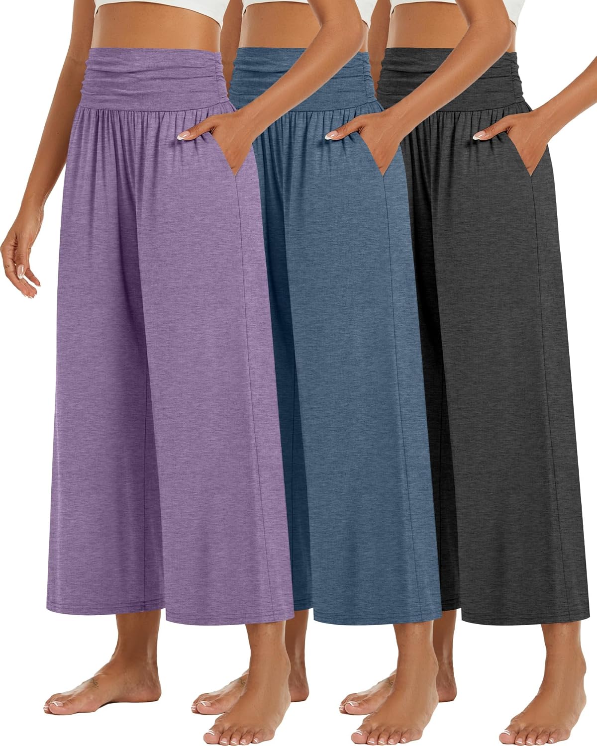 Huukeay Wide Leg Cropped Pants for Women with Pockets