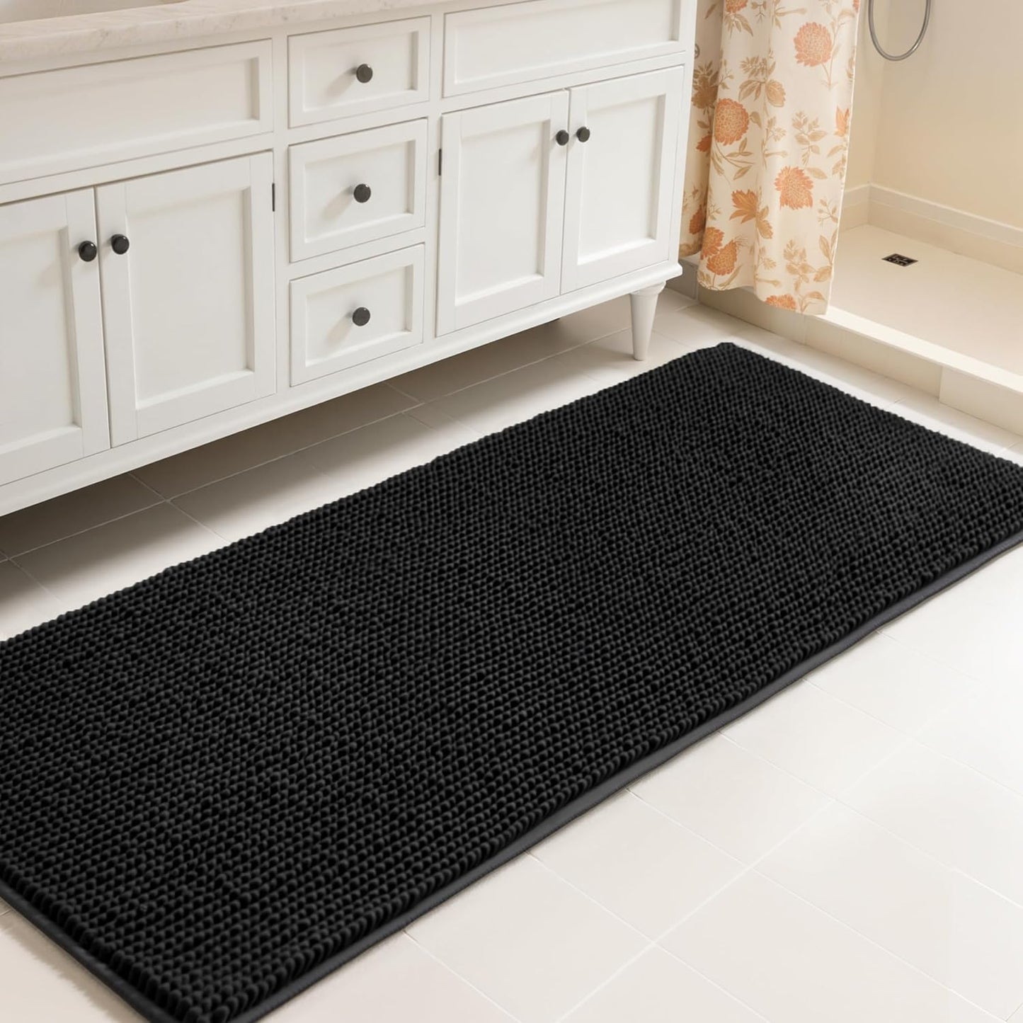 SUBRTEX Chenille Bath Rug 24in x 60in Soft Plush Mat Black