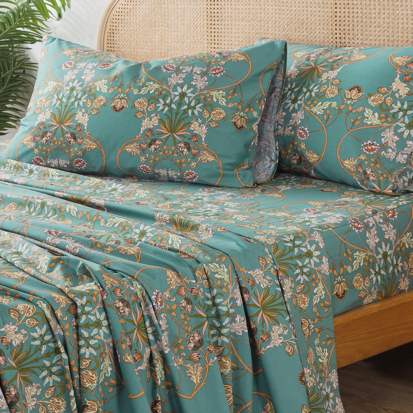 Zusbest Teal Floral Queen Bed Sheets Set for Cozy Sleep