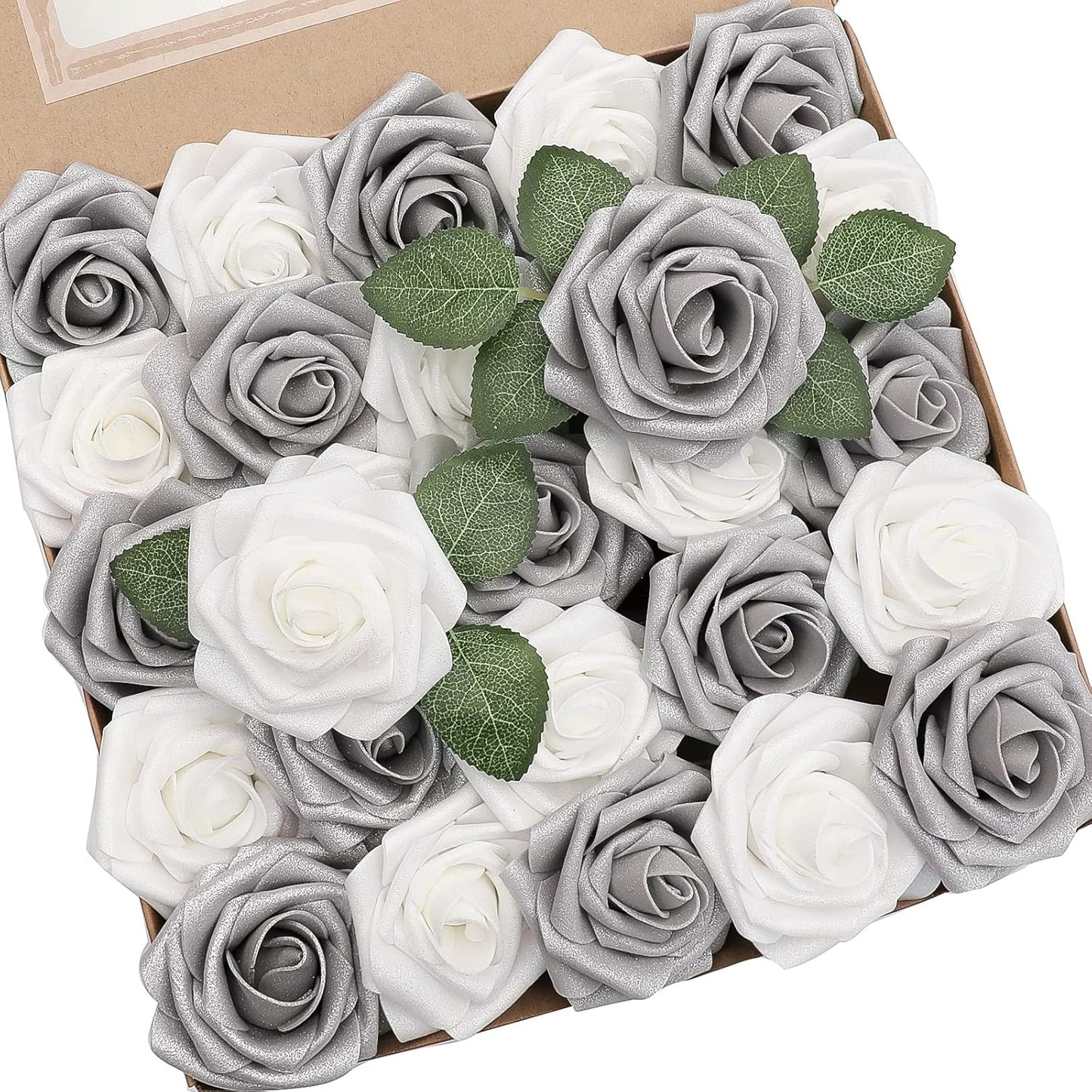 Real Looking Shimmer Silver Grey Foam Fake Roses for Decor