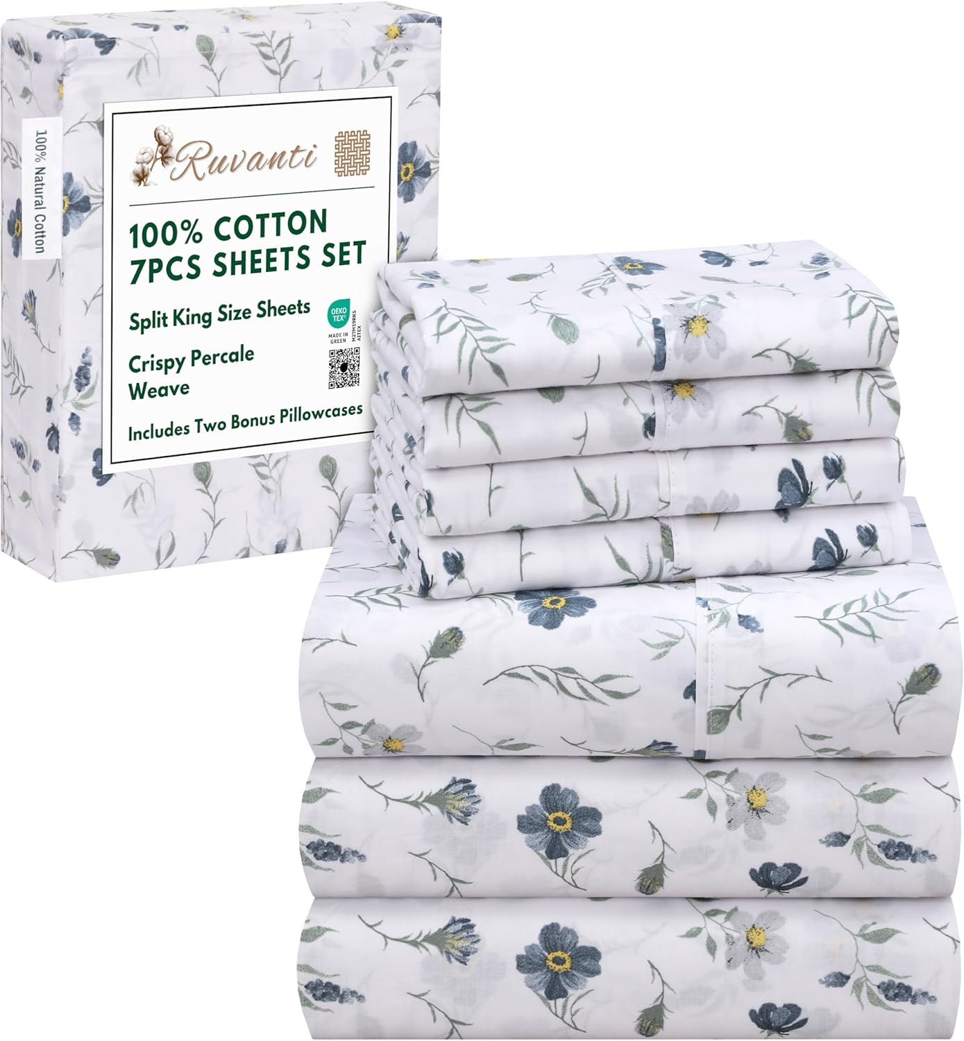 Crispy Percale Bed Sheets Set for Split King Adjustable Beds