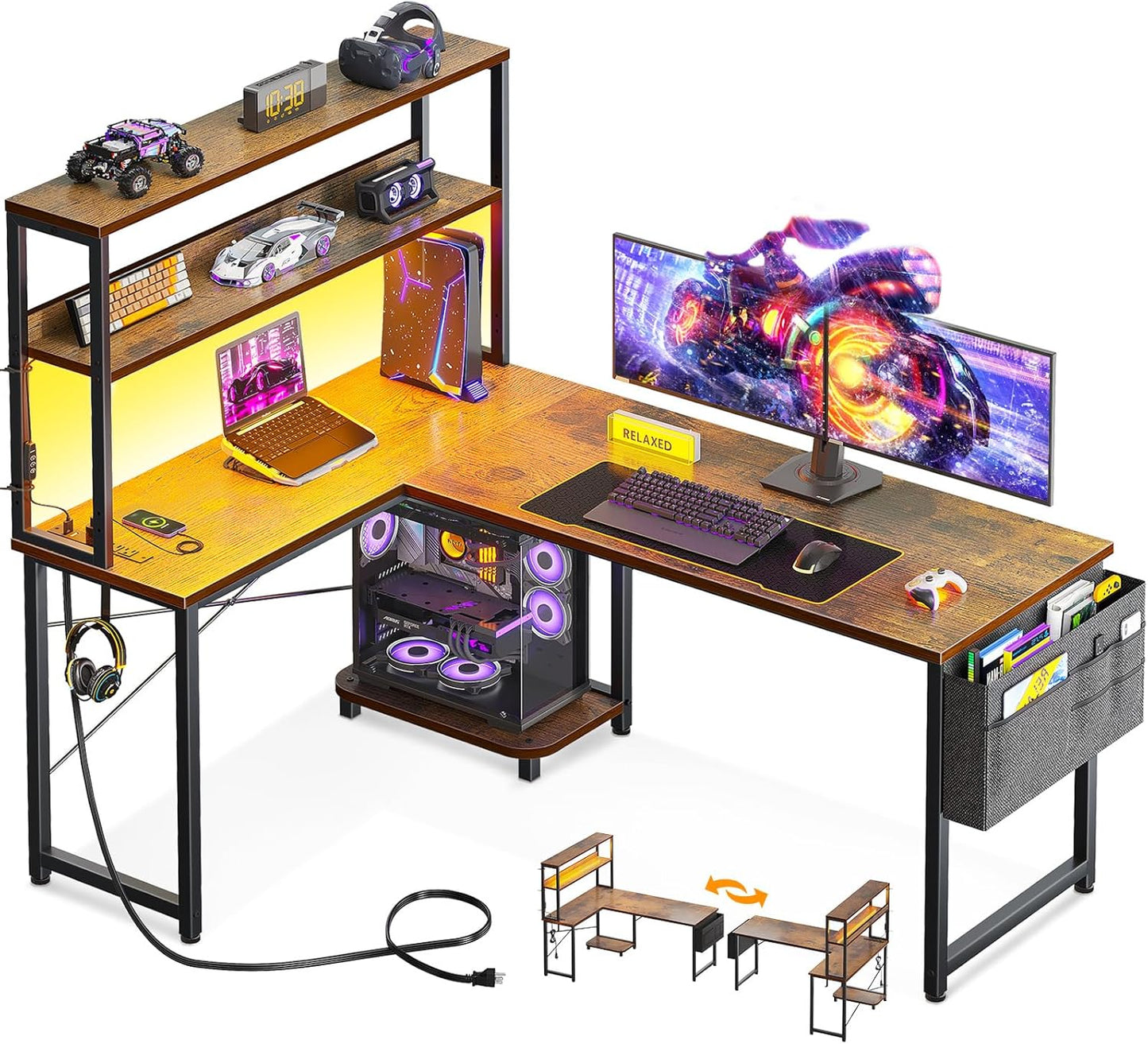 ODK 53 Inch L Shaped Desk with LED Lighting for Home Office